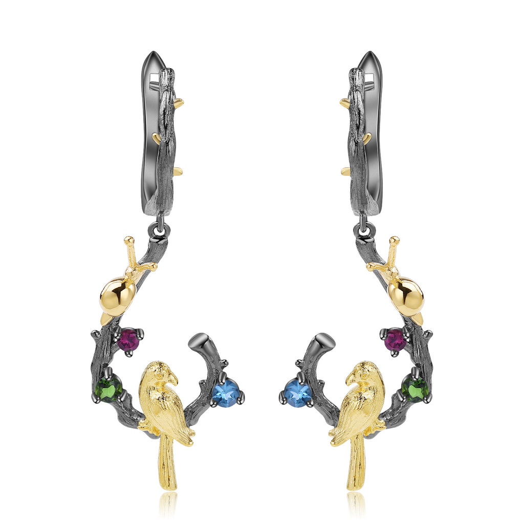 Multicolor Natural Gemstones Bird Earrings 925 Sterling Silver (wearing effect view)