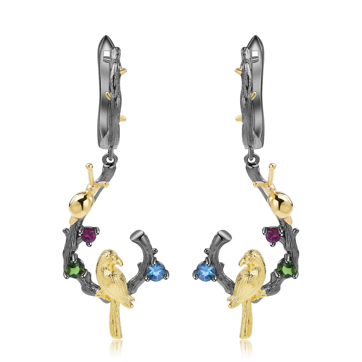Multicolor Natural Gemstones Bird Earrings 925 Sterling Silver (wearing effect view)