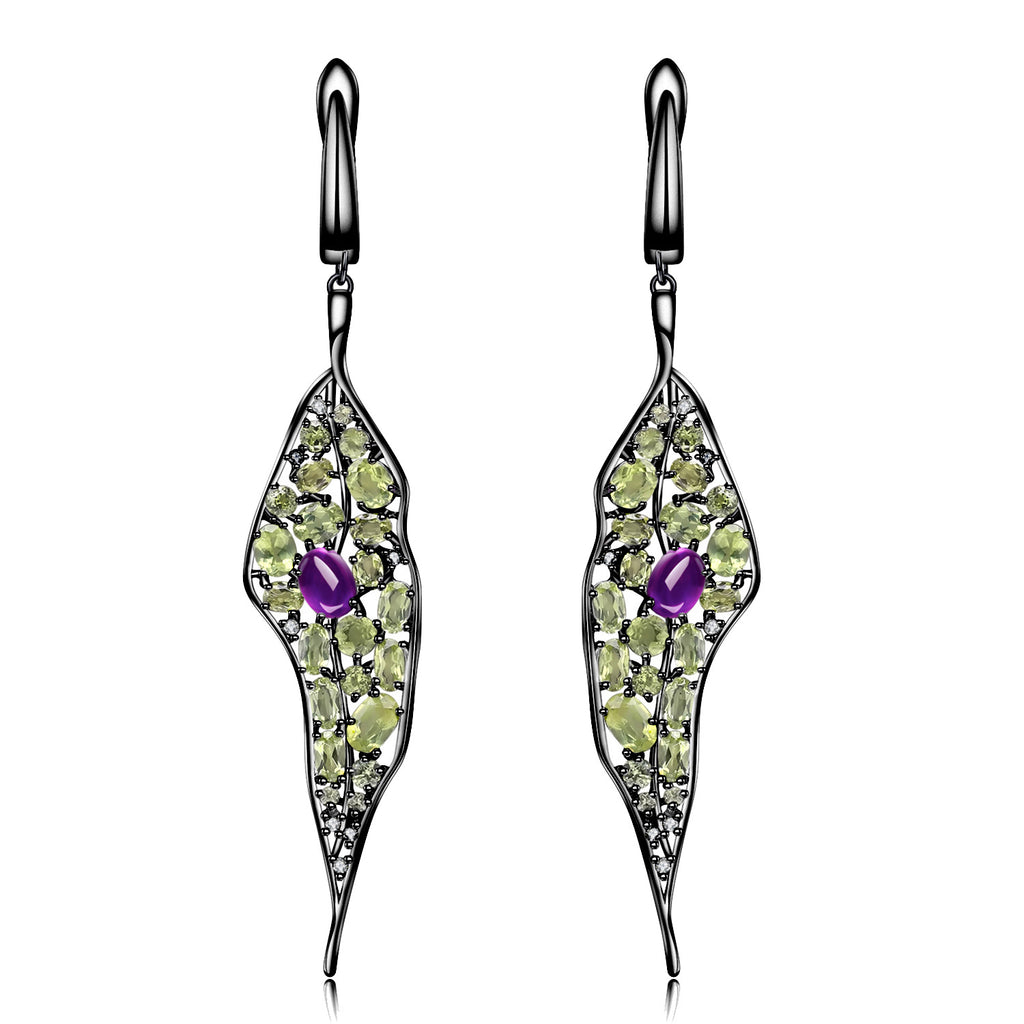 Multicolor Natural Gemstones Leaf Earrings 925 Sterling Silver