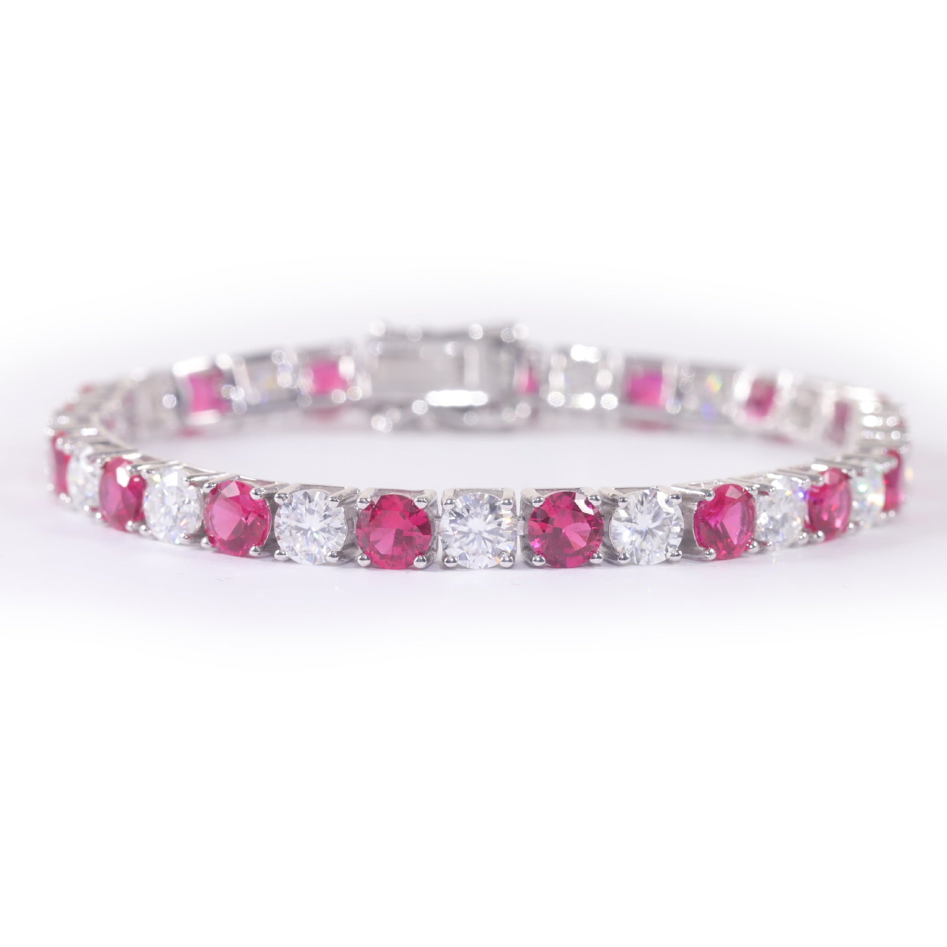 Lab-Grown Ruby 3/4/5mm Tennis Bracelet 925 Sterling Silver (side profile view)