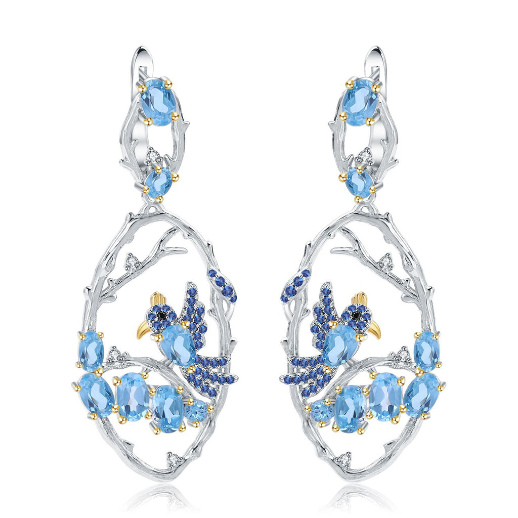 Natural Gemstone Birds Among the Branches Earrings 925 Sterling Silver (wearing effect view)