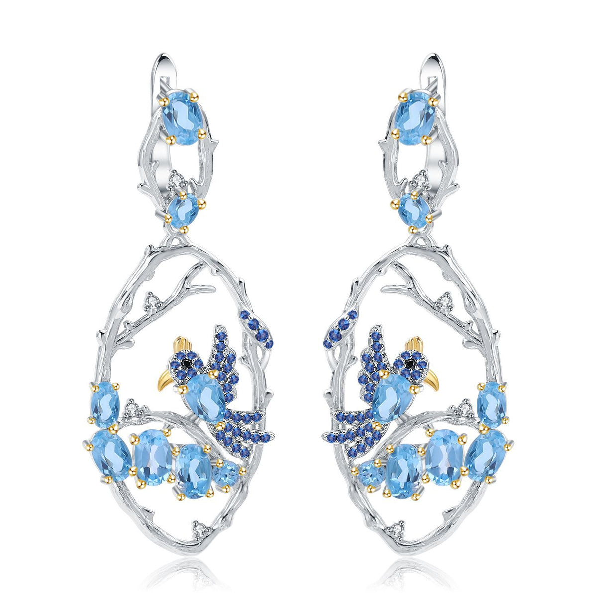 Natural Gemstone Birds Among the Branches Earrings 925 Sterling Silver (wearing effect view)