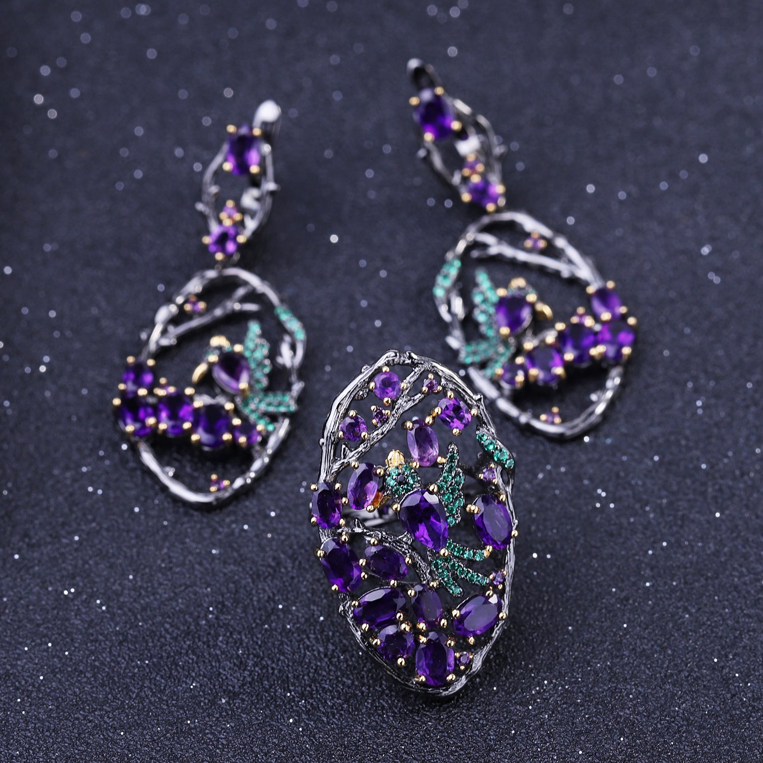 Natural Gemstone Birds Among the Branches Earrings 925 Sterling Silver (side profile view)
