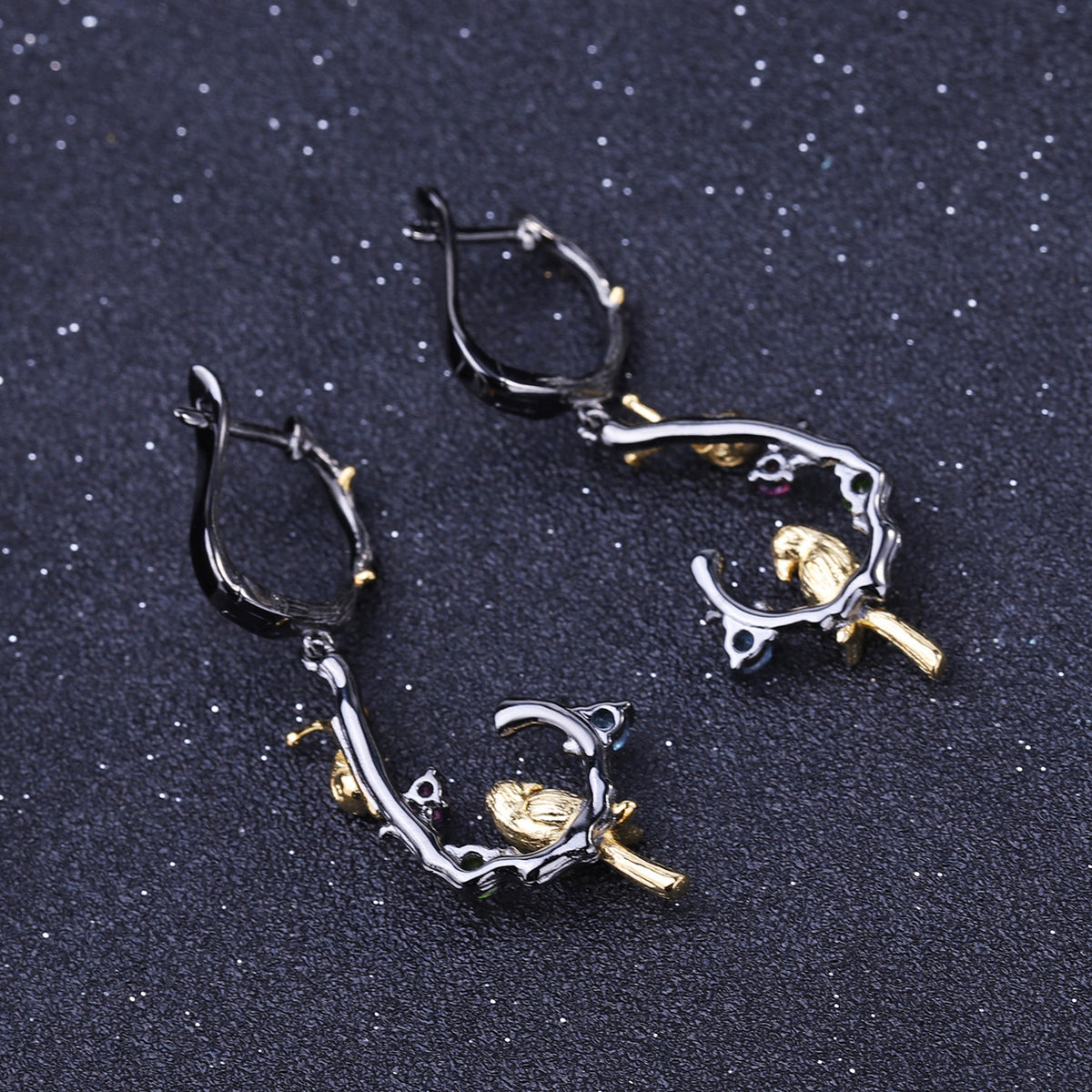 Multicolor Natural Gemstones Bird Earrings 925 Sterling Silver (gemstone setting detail)