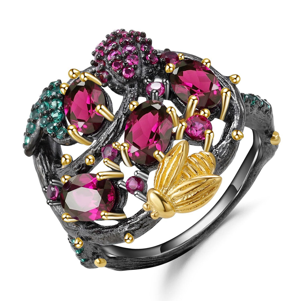 Rose Garnet Floral Ring 925 Sterling Silver (wearing effect view)