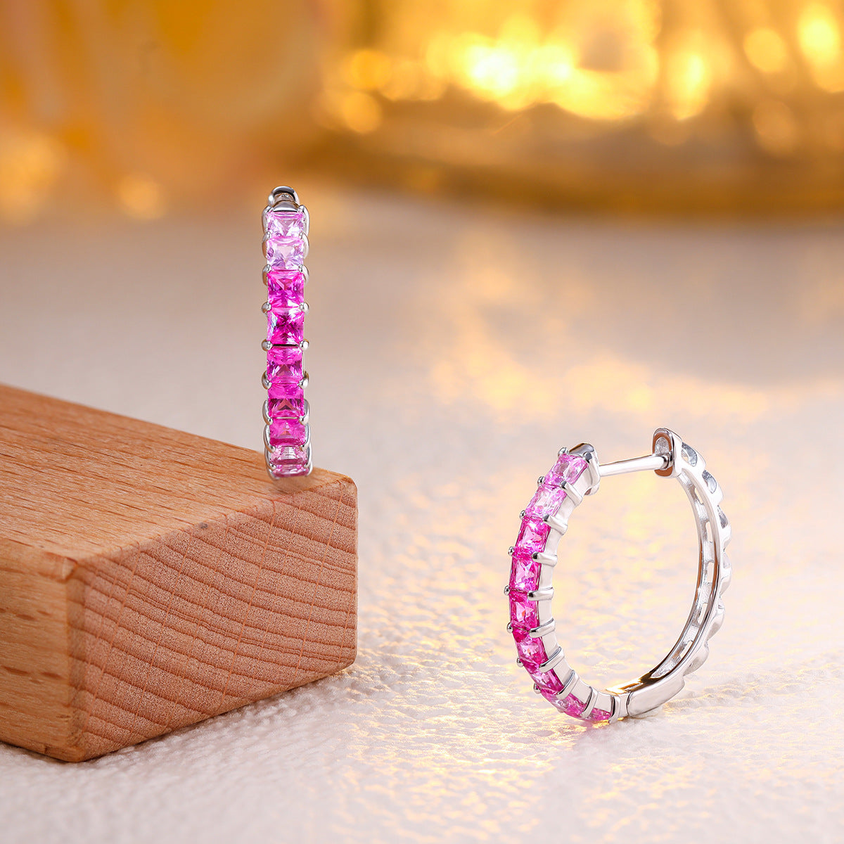 Lab-Grown Pink Gemstone Princess-Cut Hoop Earrings 925 Sterling Silver - Side View