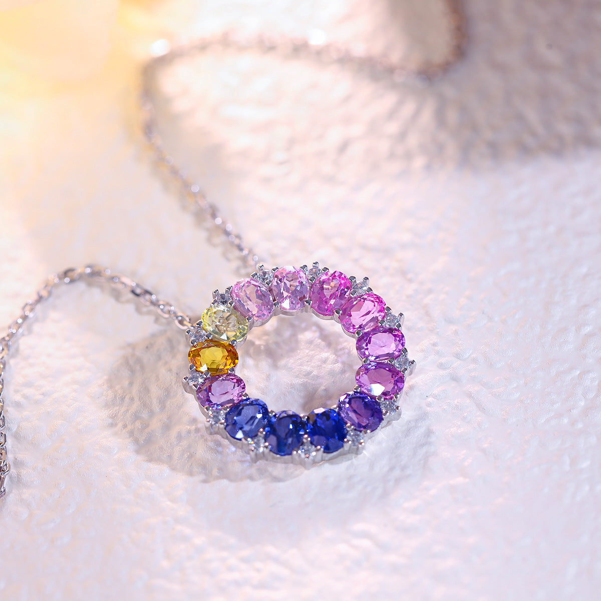 Lab-Grown Multicolor Gemstone Wreath Necklace 925 Sterling Silver - Pendant Detail