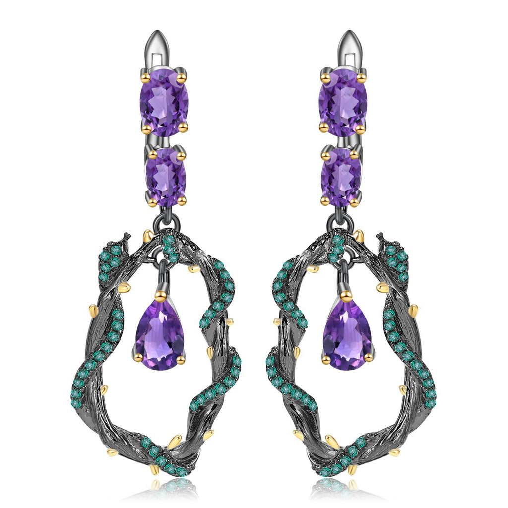 Amethyst Vine Earrings 925 Sterling Silver (wearing effect view)