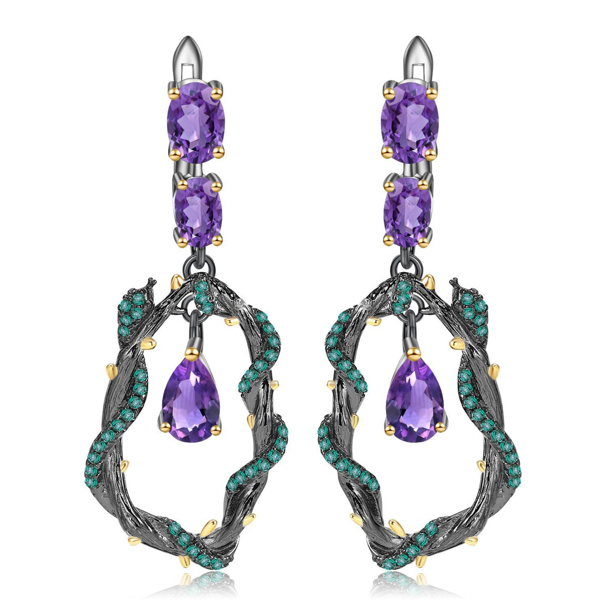 Amethyst Vine Earrings 925 Sterling Silver (wearing effect view)