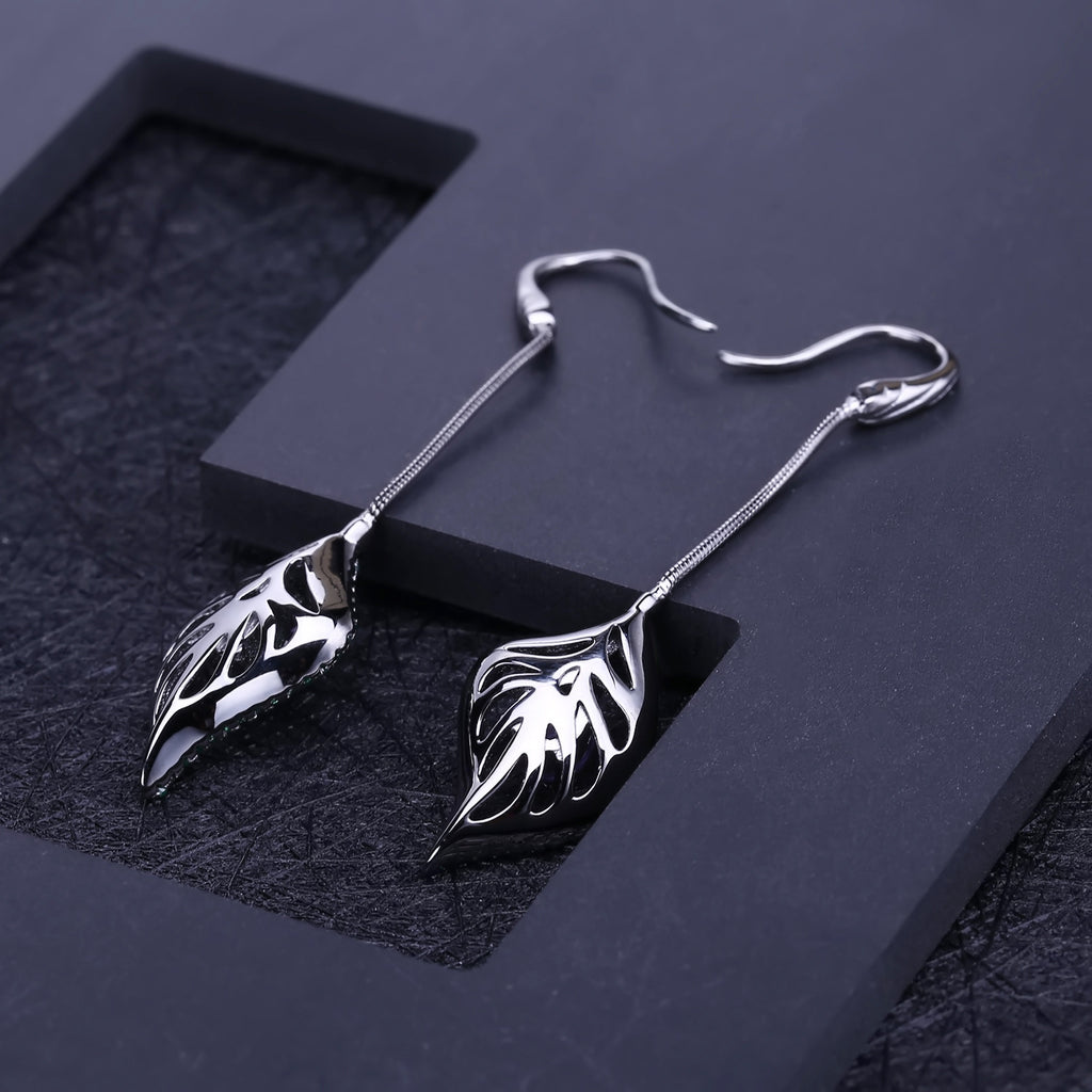 Amethyst Nature-Inspired Long Drop Earrings 925 Sterling Silver (gemstone setting detail)