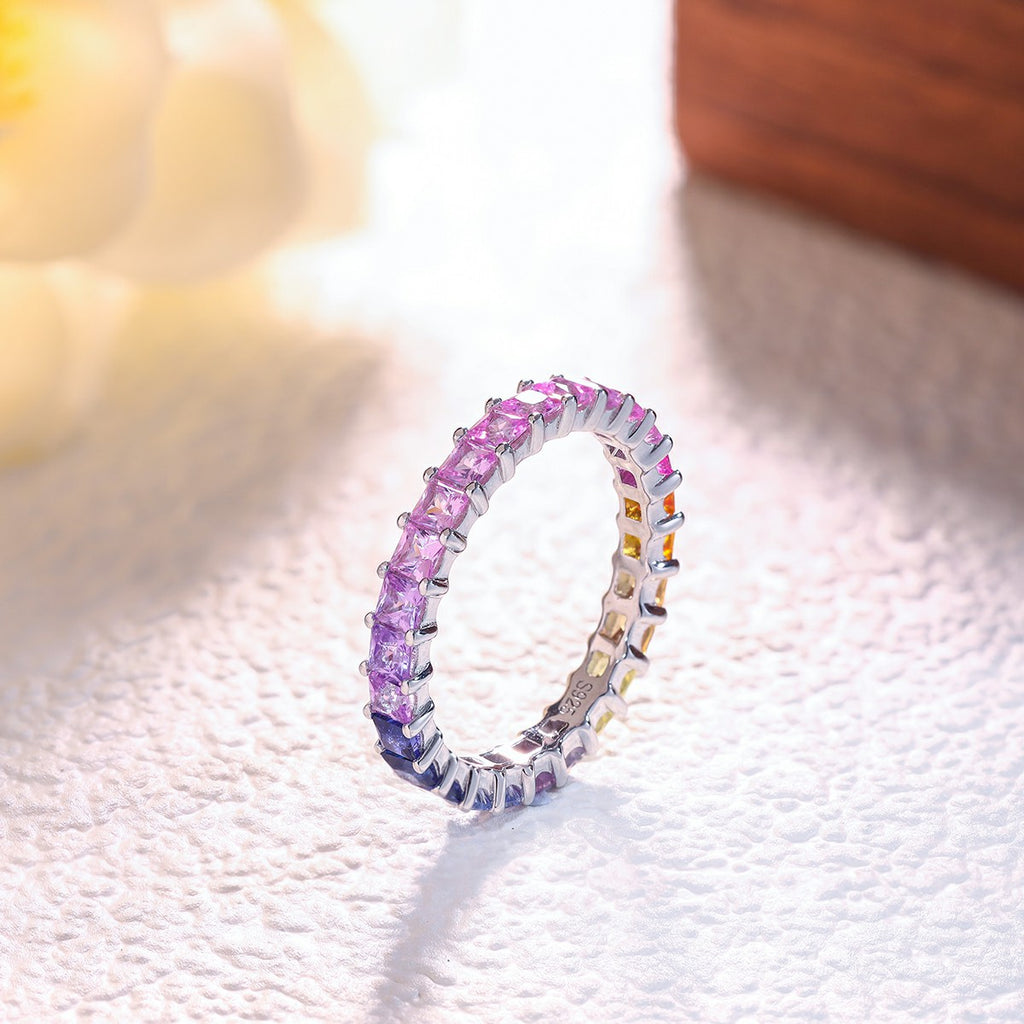 Lab-Grown Rainbow Gemstone Princess-Cut Single-Row Eternity Ring 925 Sterling Silver - Display View