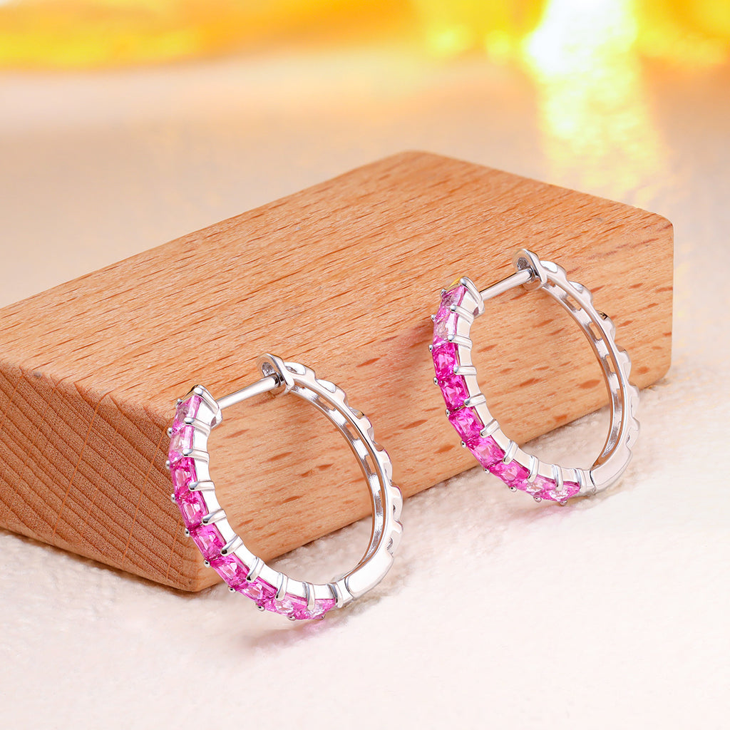 Lab-Grown Pink Gemstone Princess-Cut Hoop Earrings 925 Sterling Silver - Display View