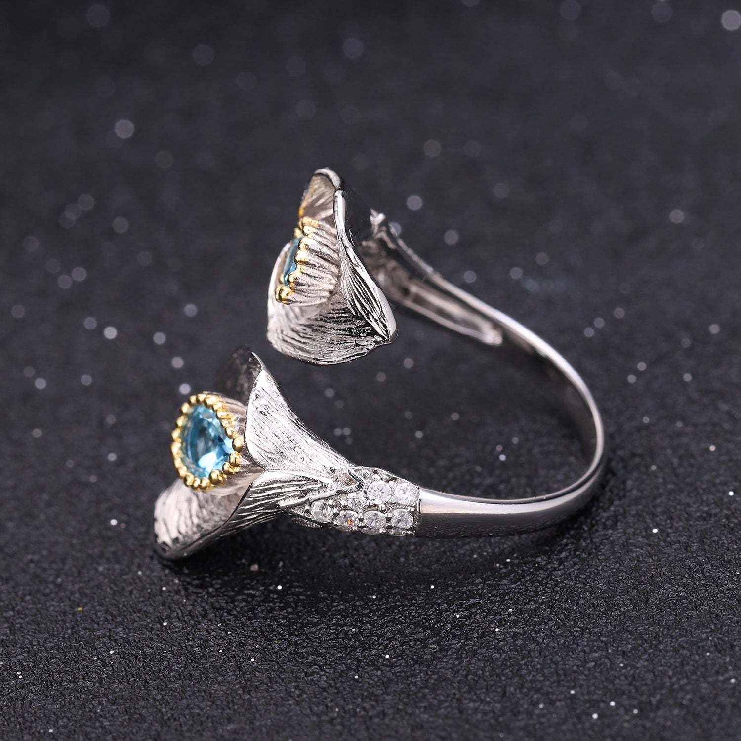 Multicolor Natural Gemstones Nature-Inspired Adjustable Ring 925 Sterling Silver (gemstone setting detail)