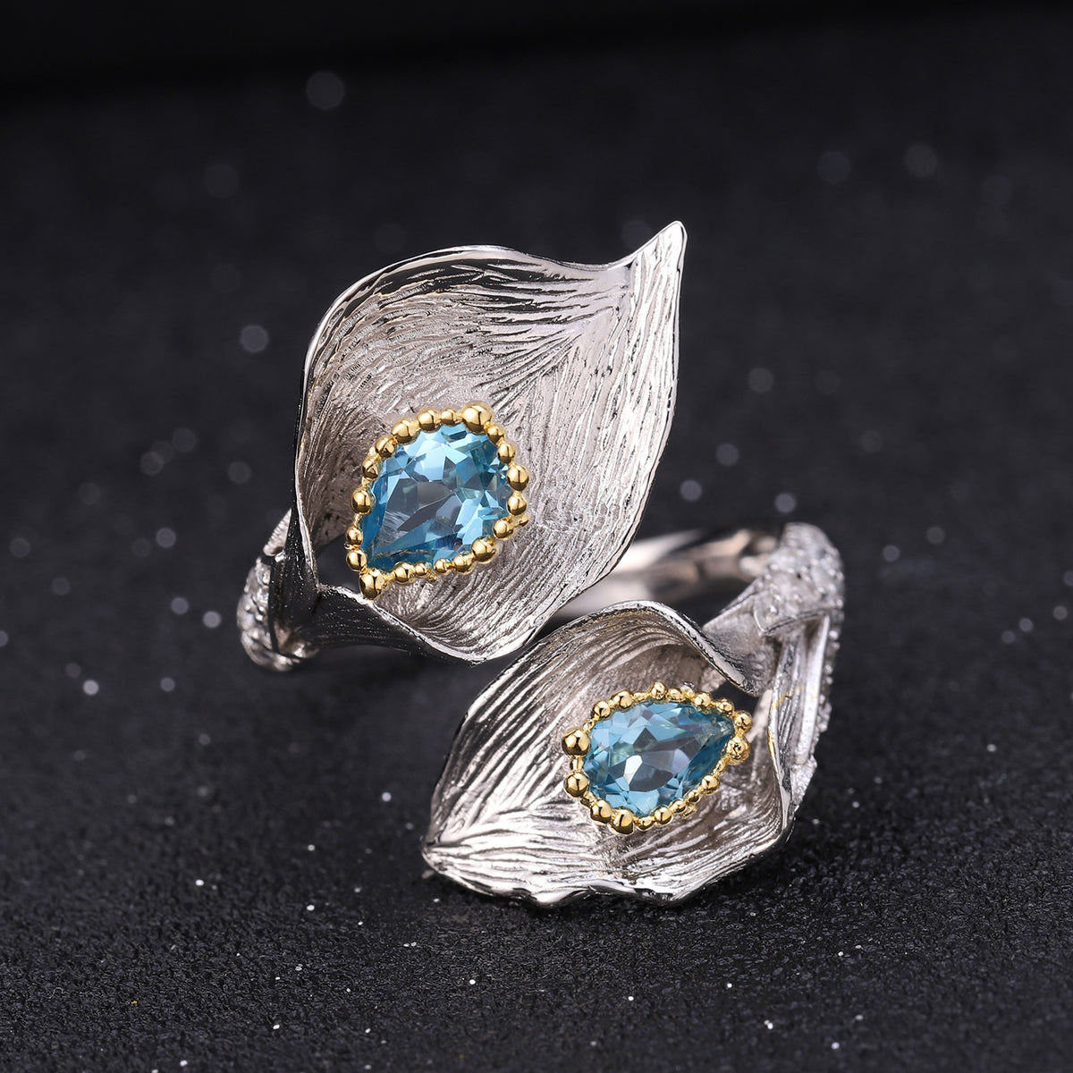 Multicolor Natural Gemstones Nature-Inspired Adjustable Ring 925 Sterling Silver (design detail close-up)