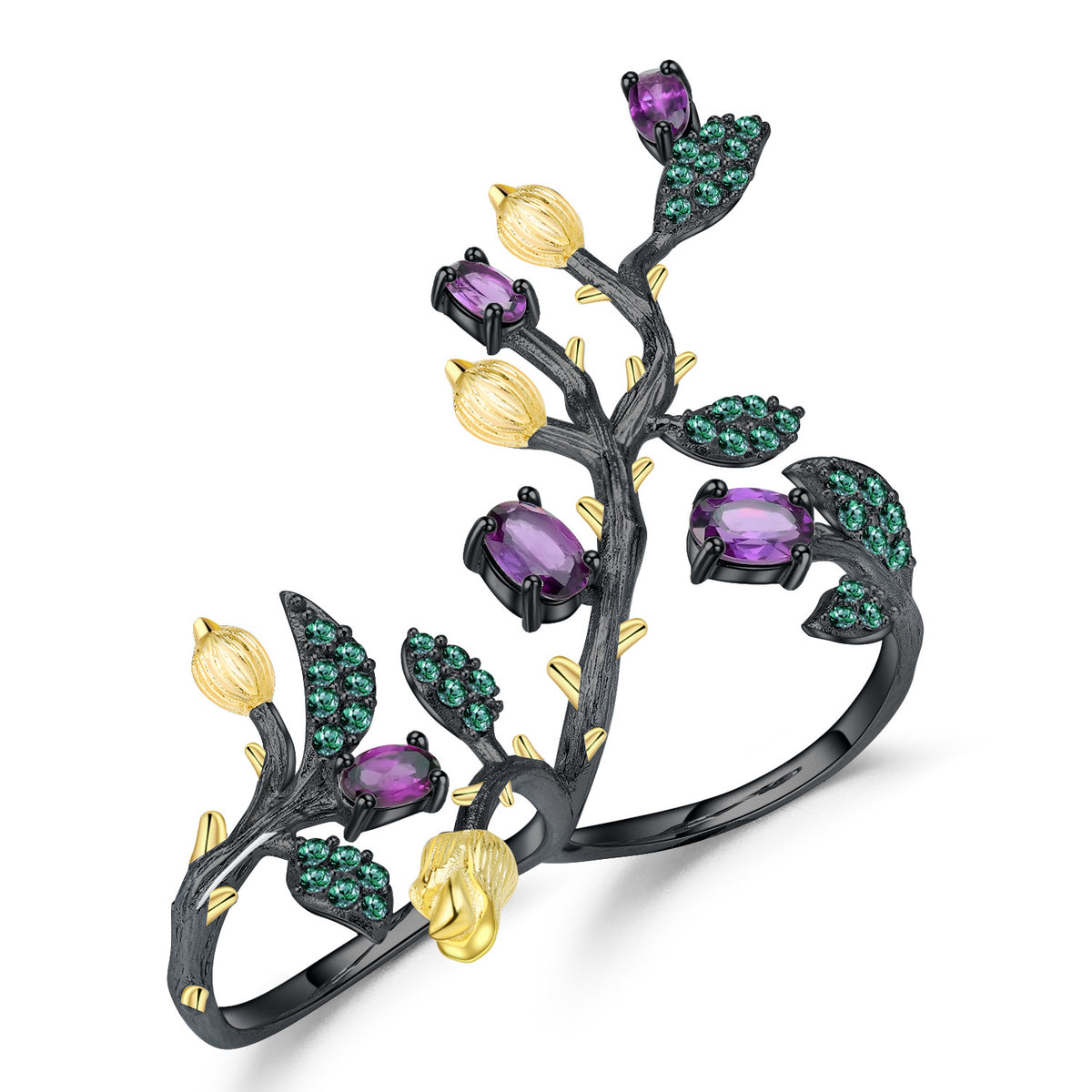 Multicolor Natural Gemstones Nature-Inspired Adjustable Ring 925 Sterling Silver (wearing effect view)