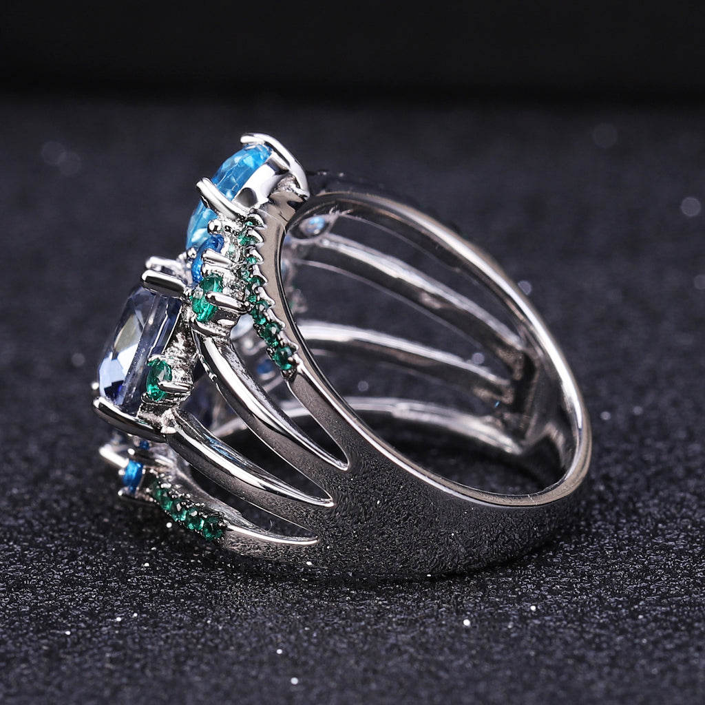 Luxury Natural Gemstone Ring 925 Sterling Silver with Topaz, Iolite & Crystal