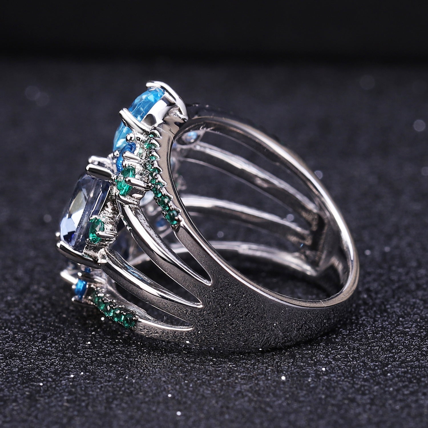 Luxury Natural Gemstone Ring 925 Sterling Silver with Topaz, Iolite & Crystal