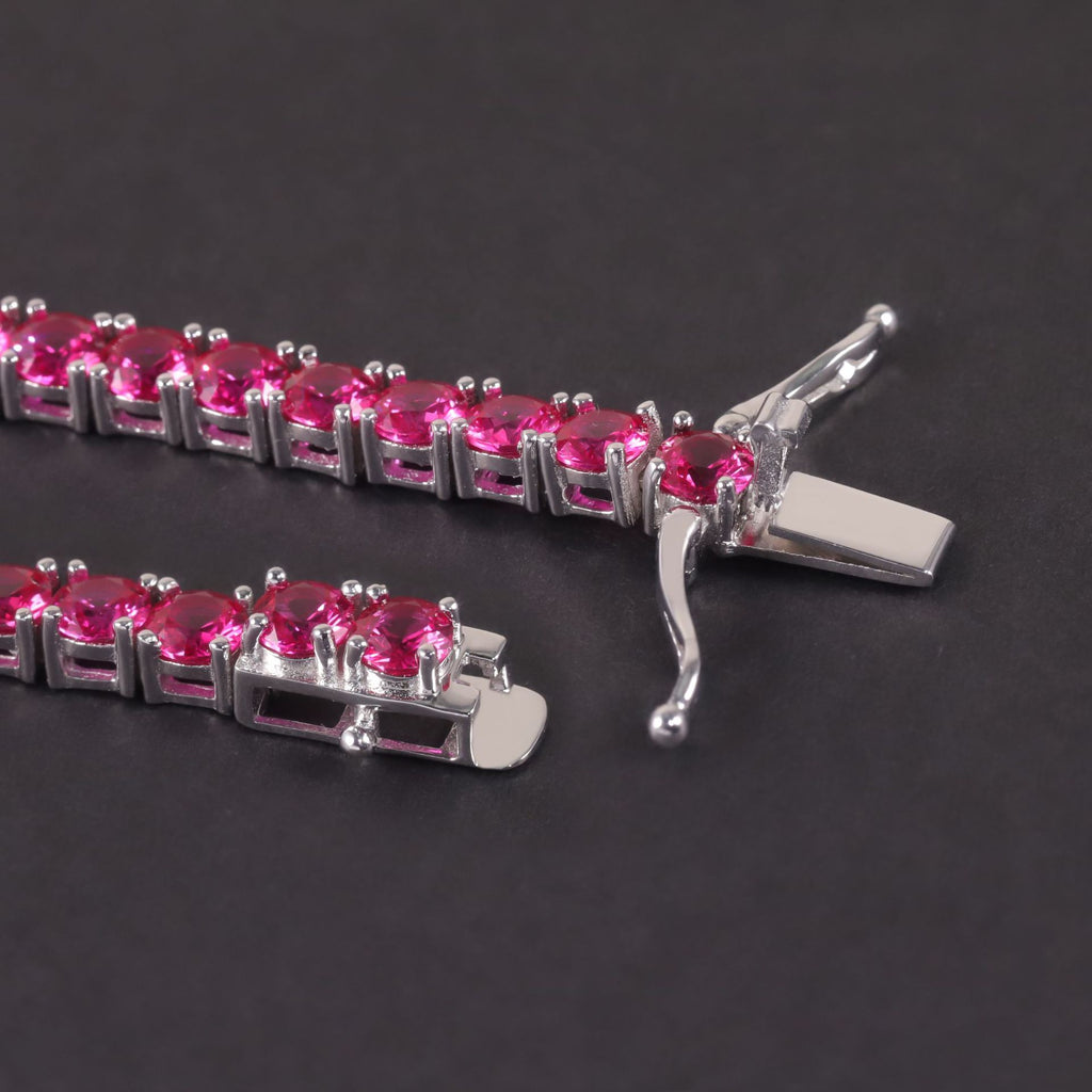 Lab-Grown Ruby 3/4/5mm Tennis Bracelet 925 Sterling Silver (wearing effect view)
