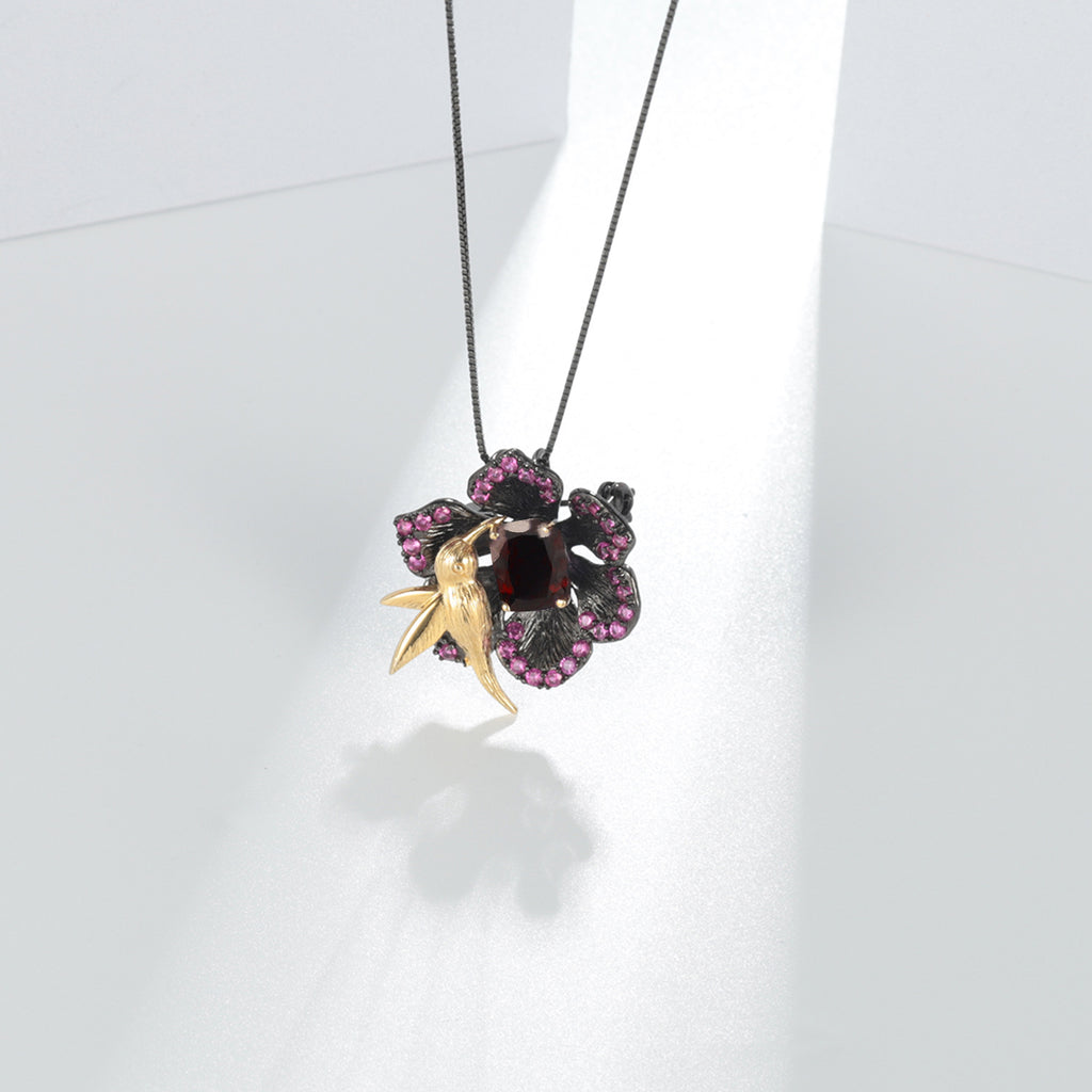 Amethyst Birds & Blossoms Brooch & Pendant 2-in-1 925 Sterling Silver (side profile view)