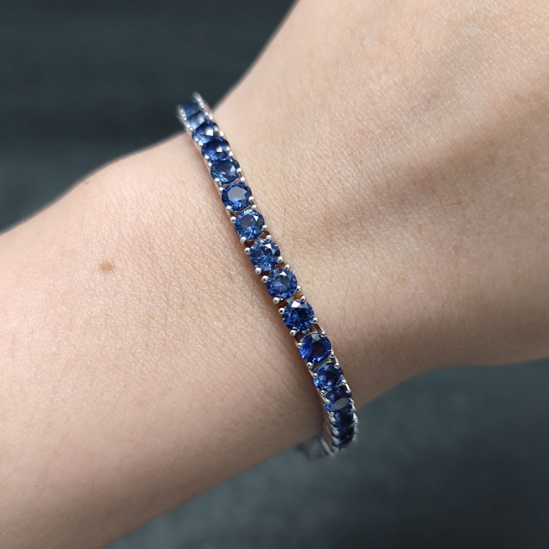 Lab-Grown Gemstones 3/4mm Tennis Bracelet 925 Sterling Silver (wearing effect view)