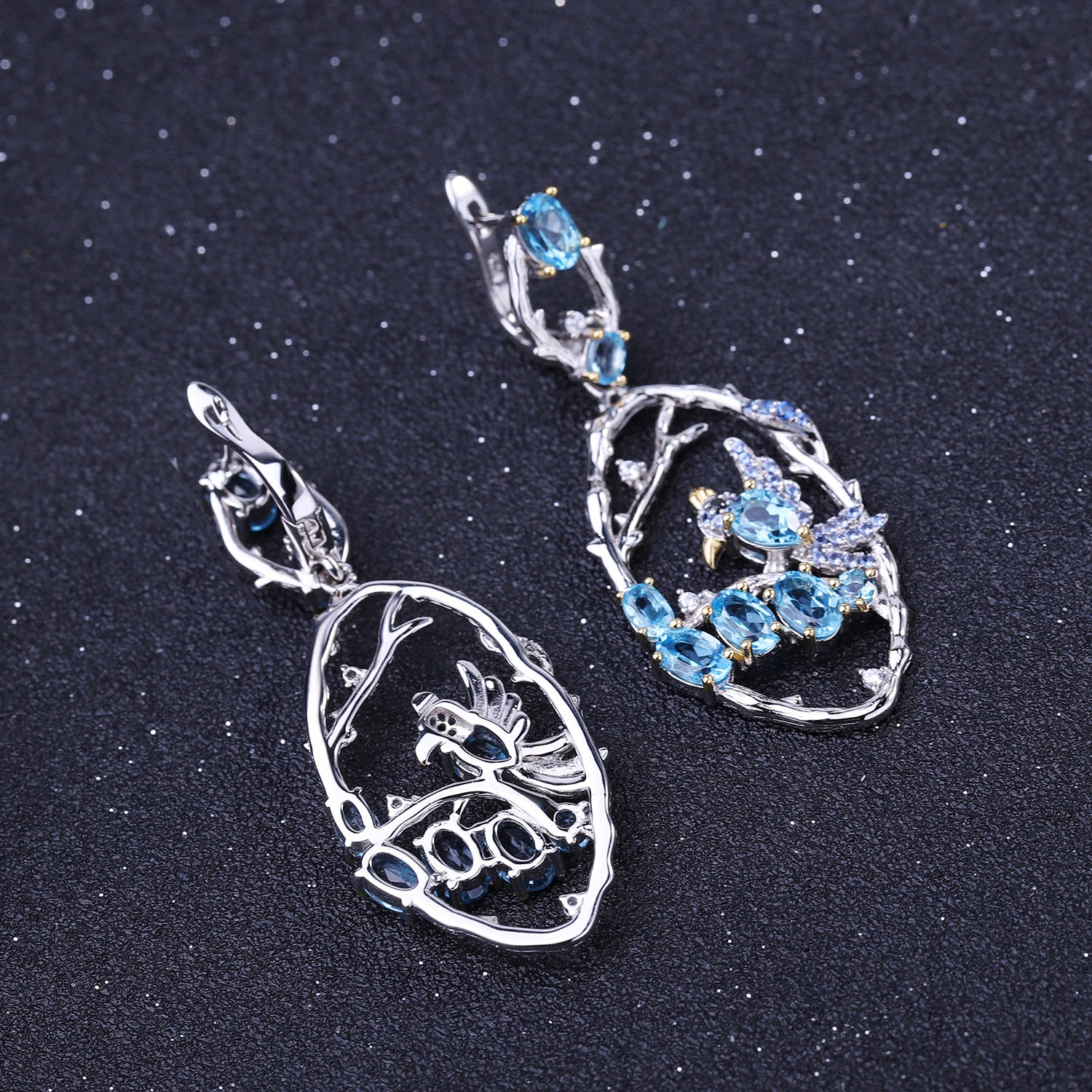 Natural Gemstone Birds Among the Branches Earrings 925 Sterling Silver (gemstone setting detail)
