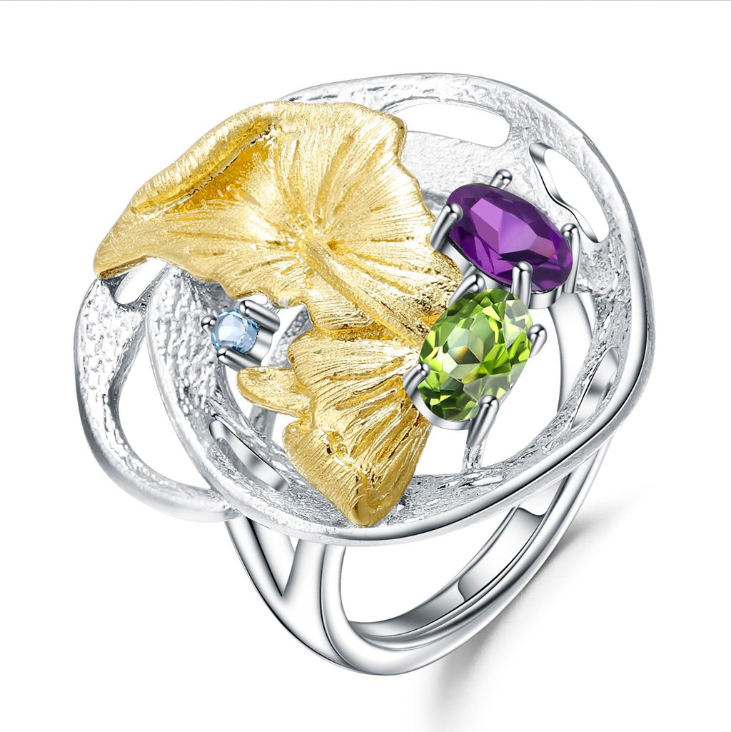 Multicolor Natural Gemstones Nature-Inspired Adjustable Ring 925 Sterling Silver (wearing effect view)