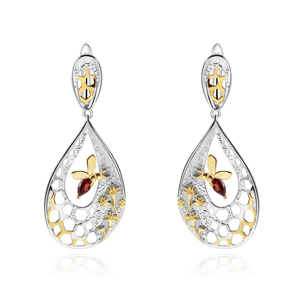 Garnet Bee & Honeycomb Earrings 925 Sterling Silver