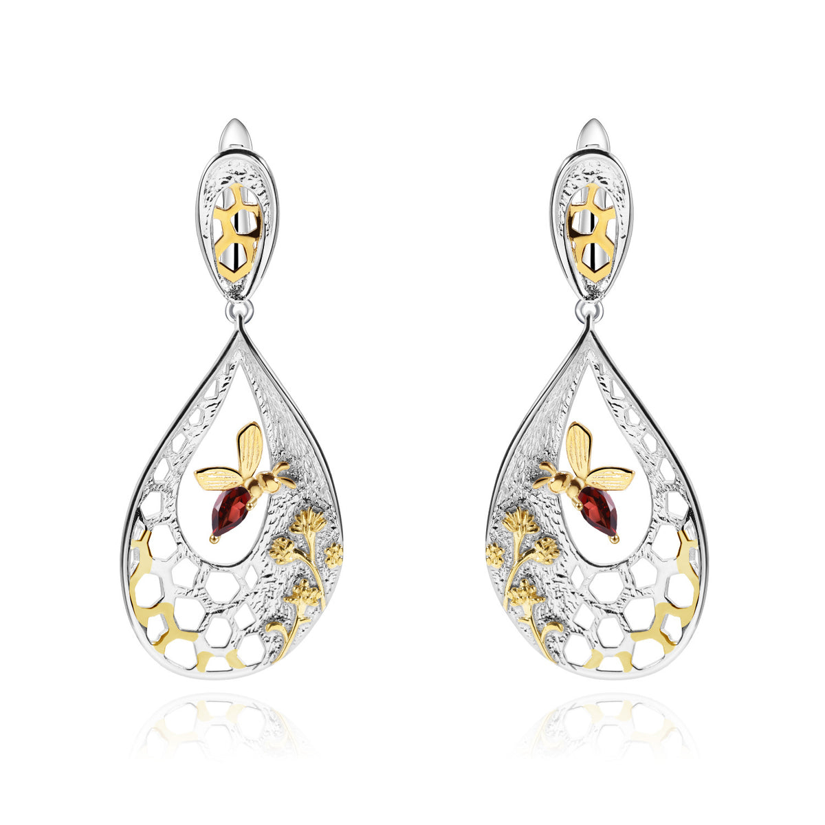 Garnet Bee & Honeycomb Earrings 925 Sterling Silver