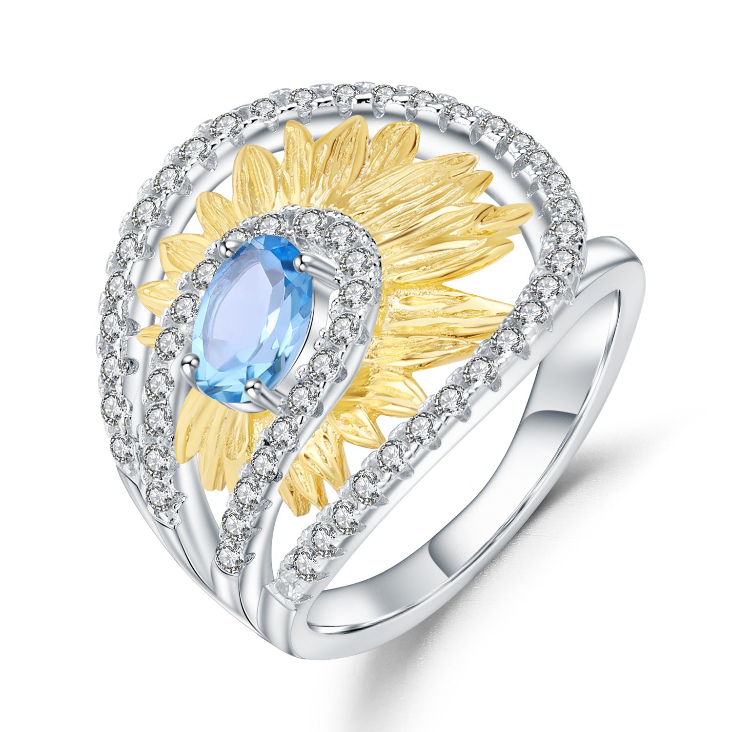 Multicolor Natural Gemstones Floral Ring 925 Sterling Silver (wearing effect view)