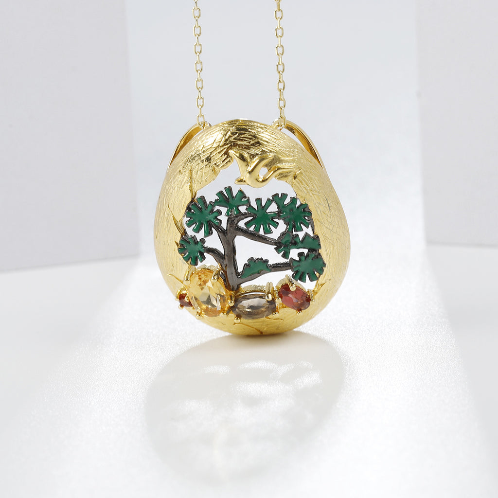 Multicolor Natural Gemstones Nature-Inspired Pendant 925 Sterling Silver (design detail close-up)
