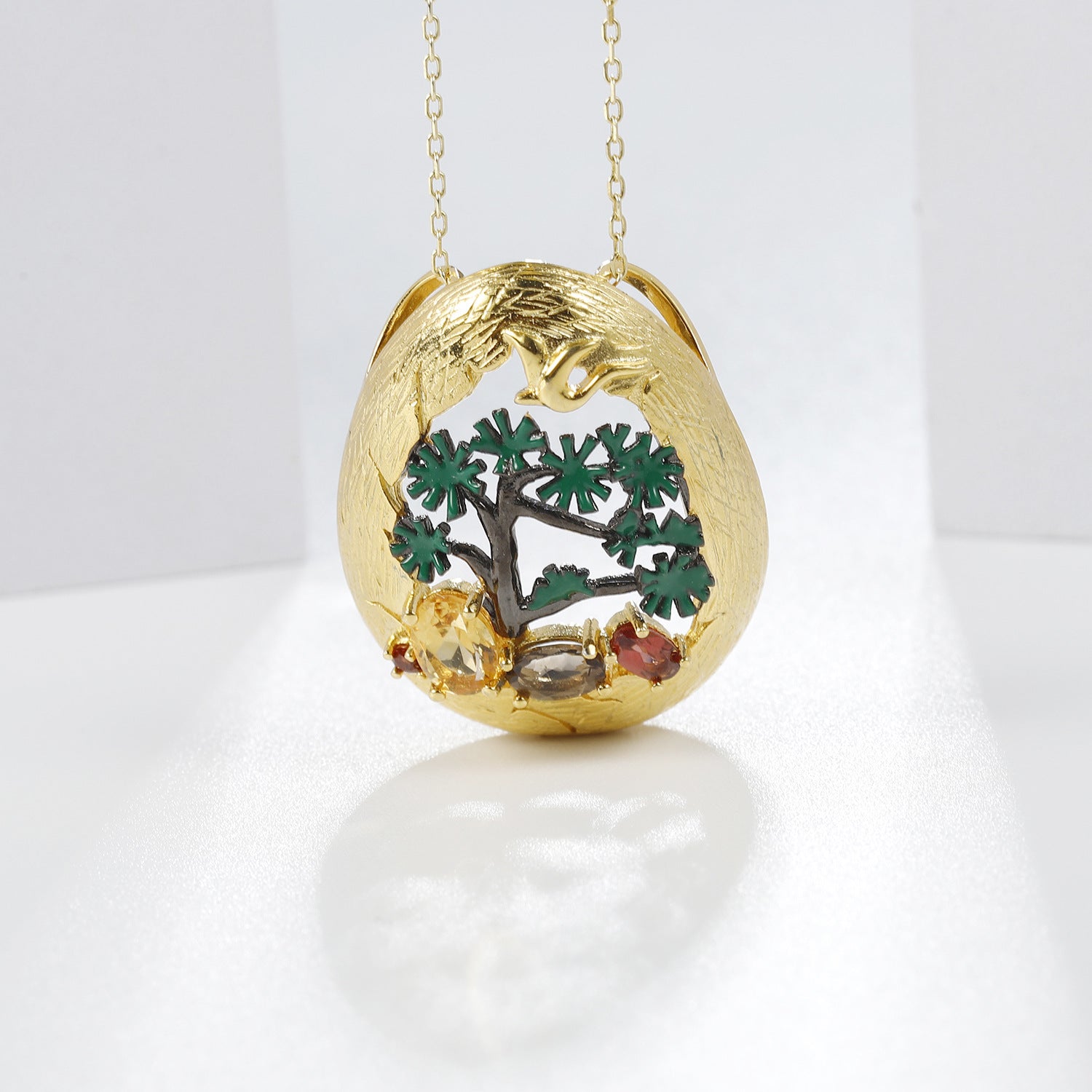 Multicolor Natural Gemstones Nature-Inspired Pendant 925 Sterling Silver (design detail close-up)
