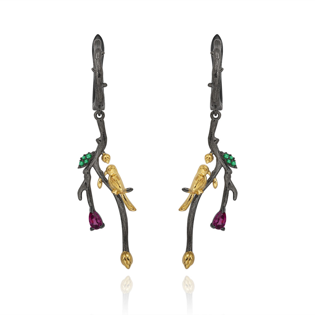 Rose Garnet Bird Earrings 925 Sterling Silver (wearing effect view)