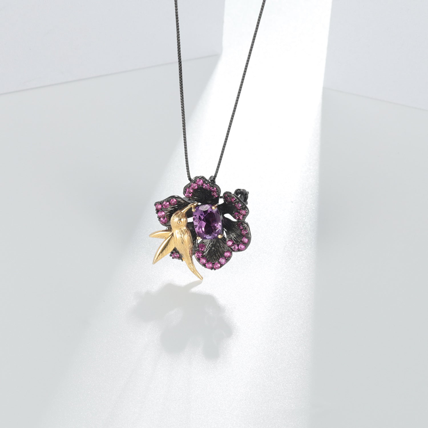 Amethyst Birds & Blossoms Brooch & Pendant 2-in-1 925 Sterling Silver (design detail close-up)