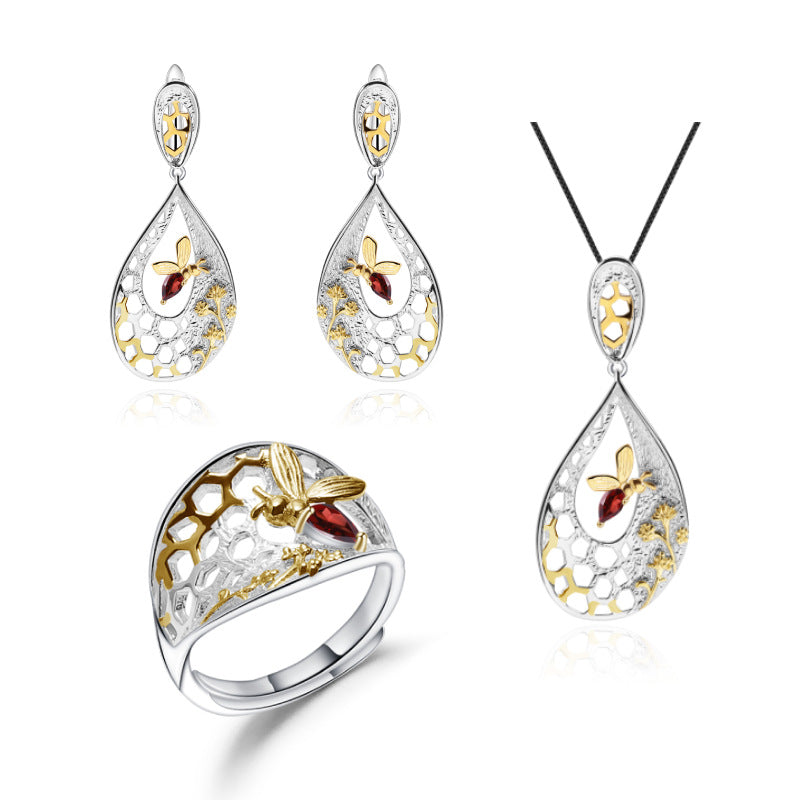 Garnet Bee & Honeycomb Earrings 925 Sterling Silver (side profile view)