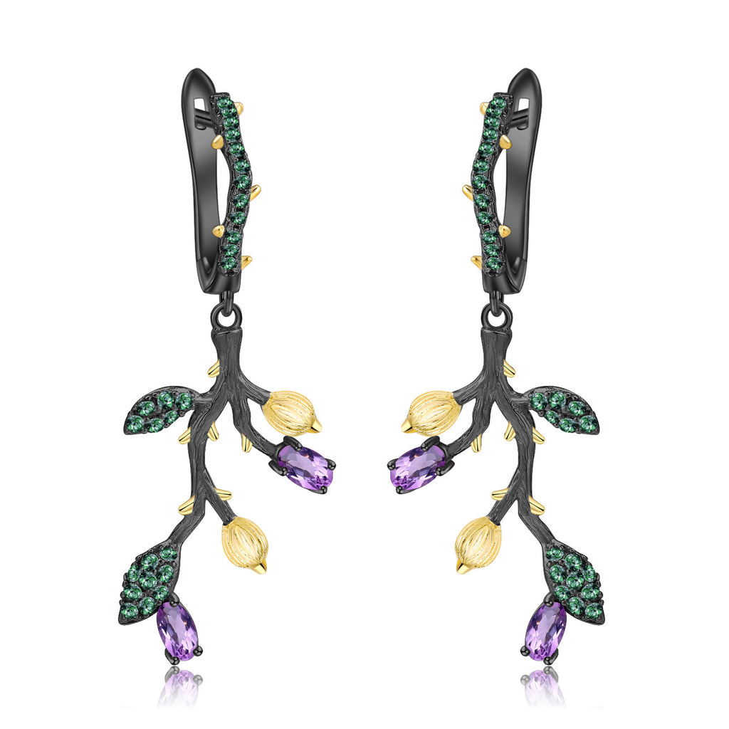 Multicolor Natural Gemstones Nature-Inspired Earrings 925 Sterling Silver (wearing effect view)