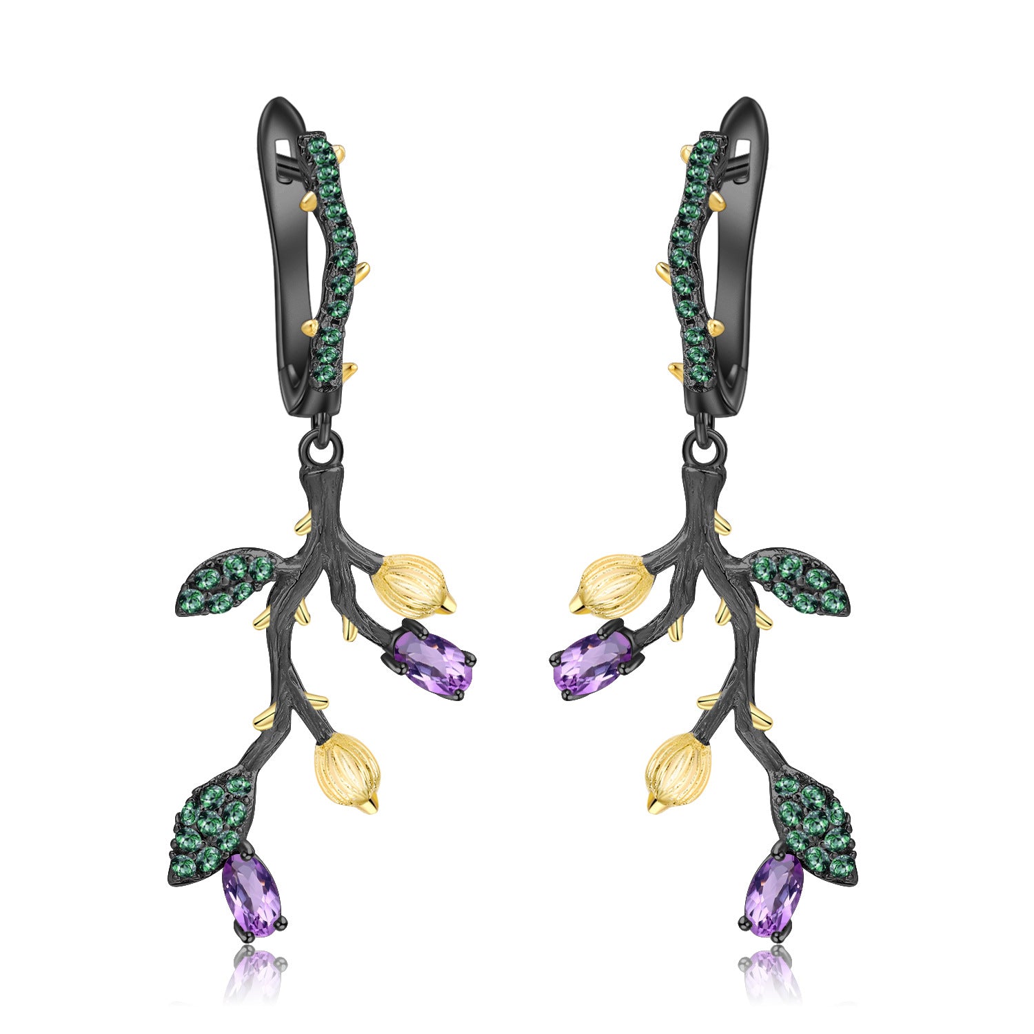 Multicolor Natural Gemstones Nature-Inspired Earrings 925 Sterling Silver (wearing effect view)