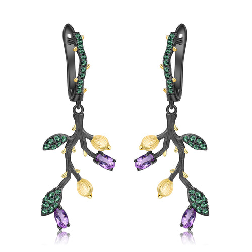 Multicolor Natural Gemstones Nature-Inspired Earrings 925 Sterling Silver (wearing effect view)