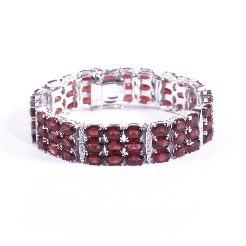 Garnet Three-Row Bracelet 925 Sterling Silver (side profile view)