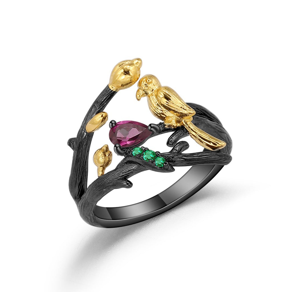 Rose Garnet Bird Ring 925 Sterling Silver (wearing effect view)
