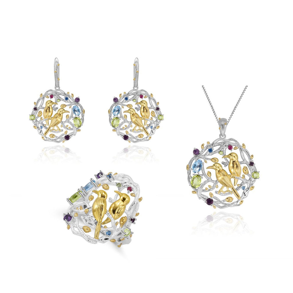 Natural Gemstone Bird Pendant 925 Sterling Silver (side profile view)