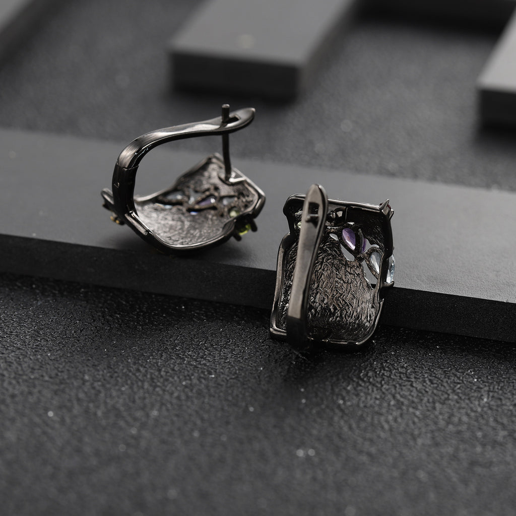 Rose Garnet Floral Earrings 925 Sterling Silver (gemstone setting detail)
