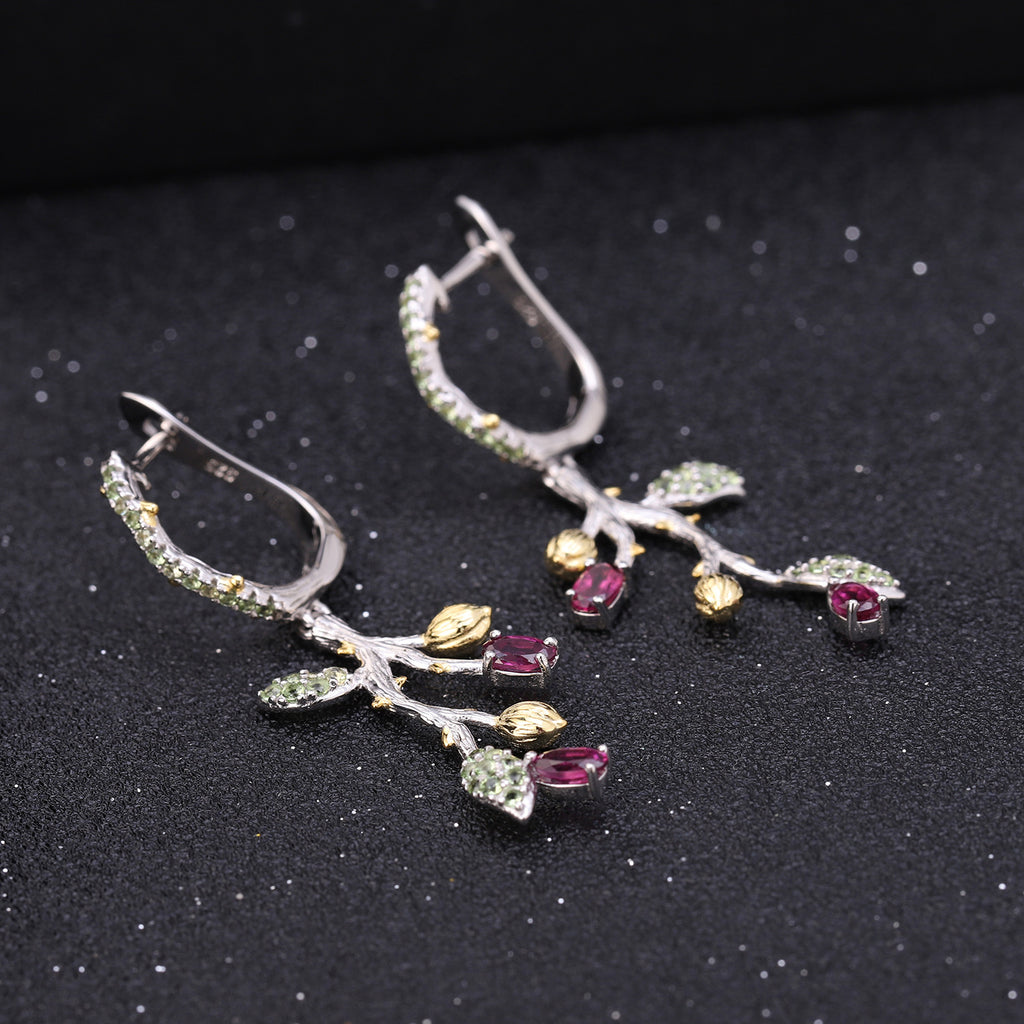 Multicolor Natural Gemstones Nature-Inspired Earrings 925 Sterling Silver (design detail close-up)