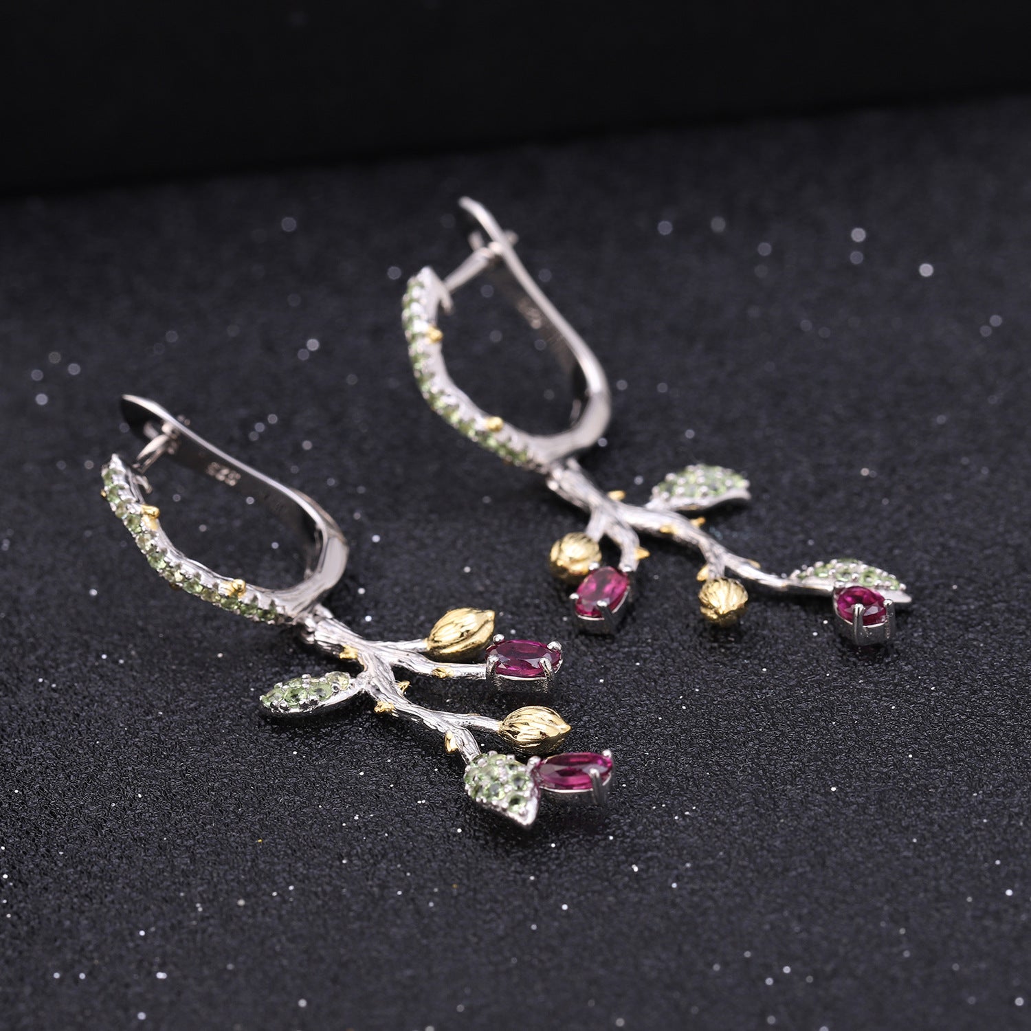 Multicolor Natural Gemstones Nature-Inspired Earrings 925 Sterling Silver (design detail close-up)