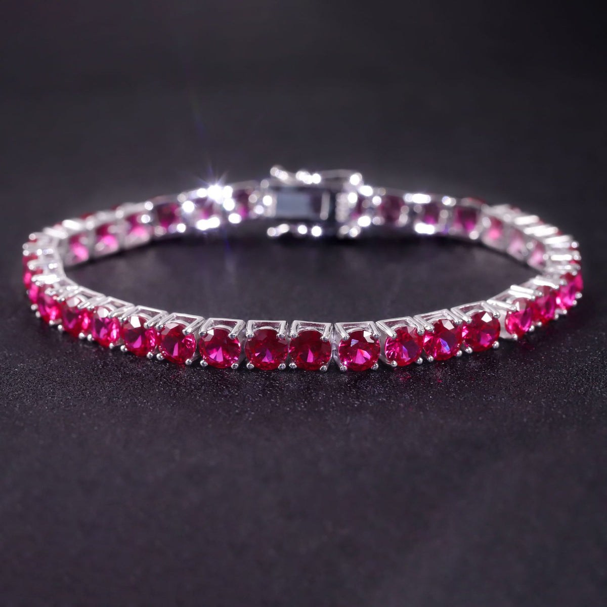 Lab-Grown Ruby 3/4/5mm Tennis Bracelet 925 Sterling Silver (design detail close-up)