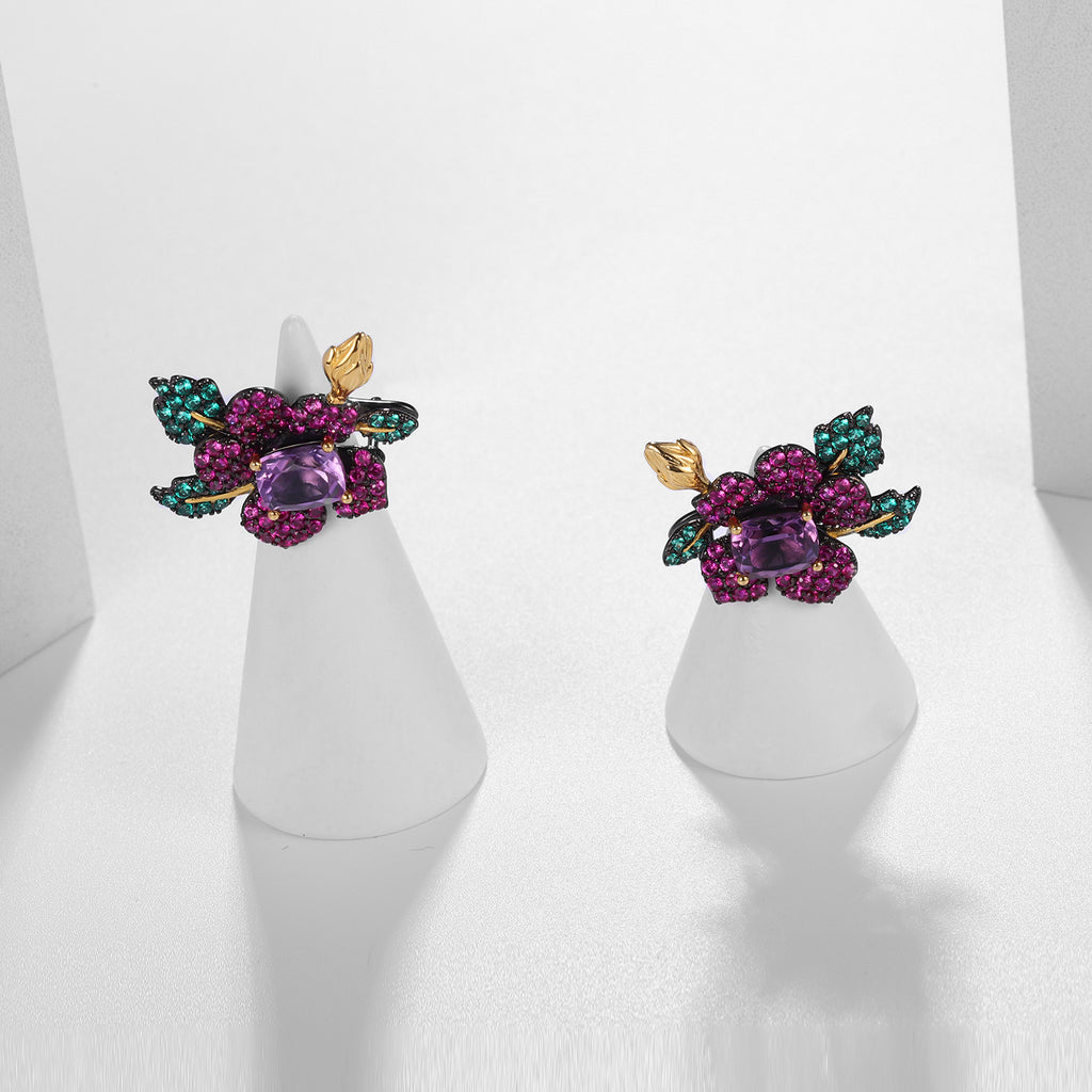 Citrine Floral Earrings 925 Sterling Silver (gemstone setting detail)