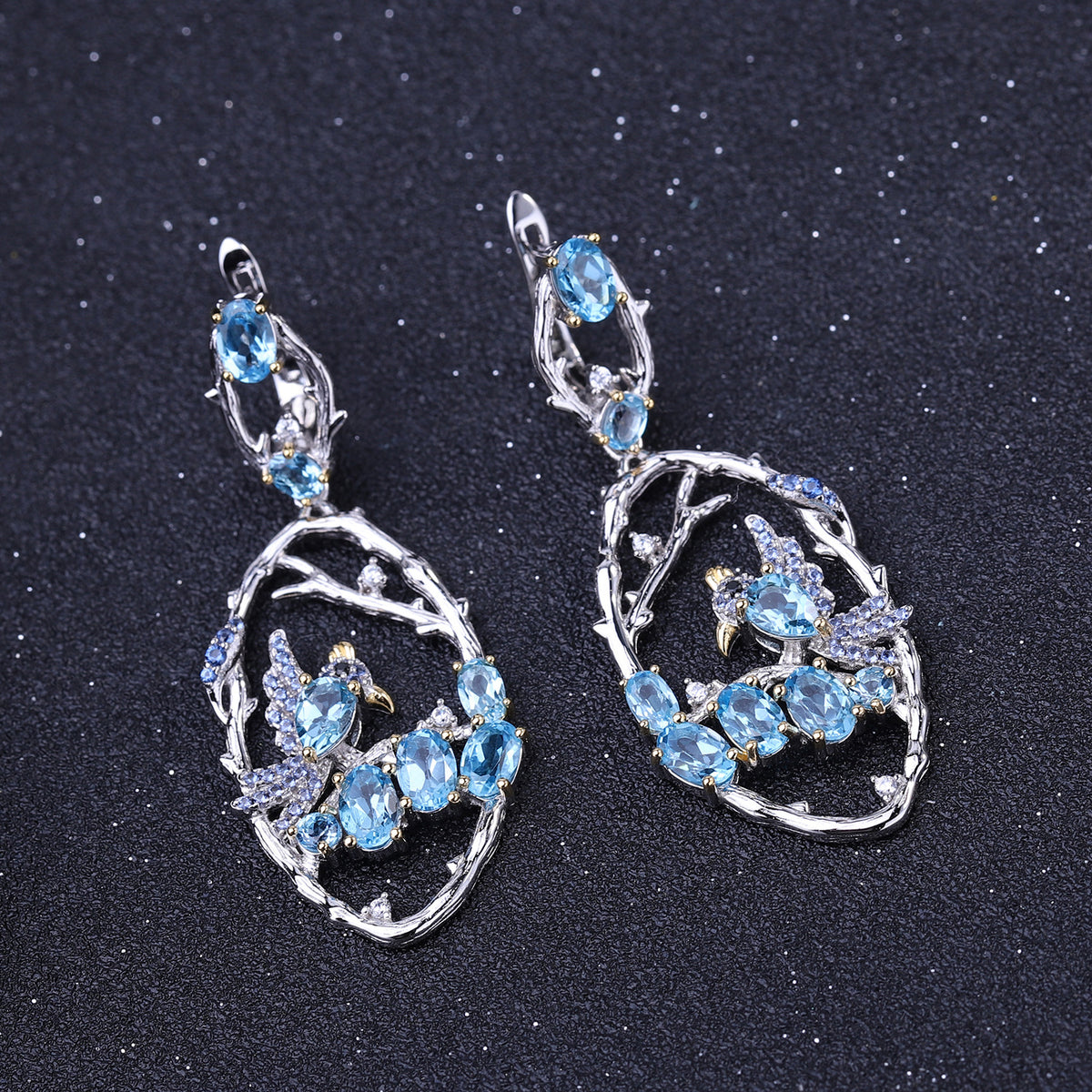 Natural Gemstone Birds Among the Branches Earrings 925 Sterling Silver (design detail close-up)
