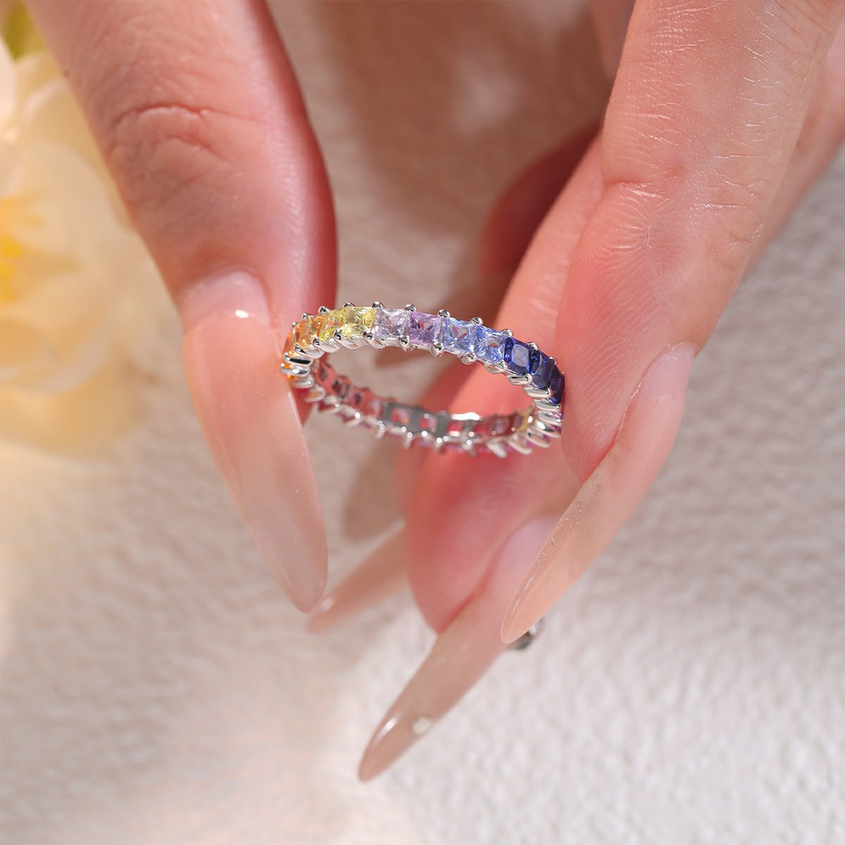 Lab-Grown Rainbow Gemstone Princess-Cut Single-Row Eternity Ring 925 Sterling Silver - On Hand