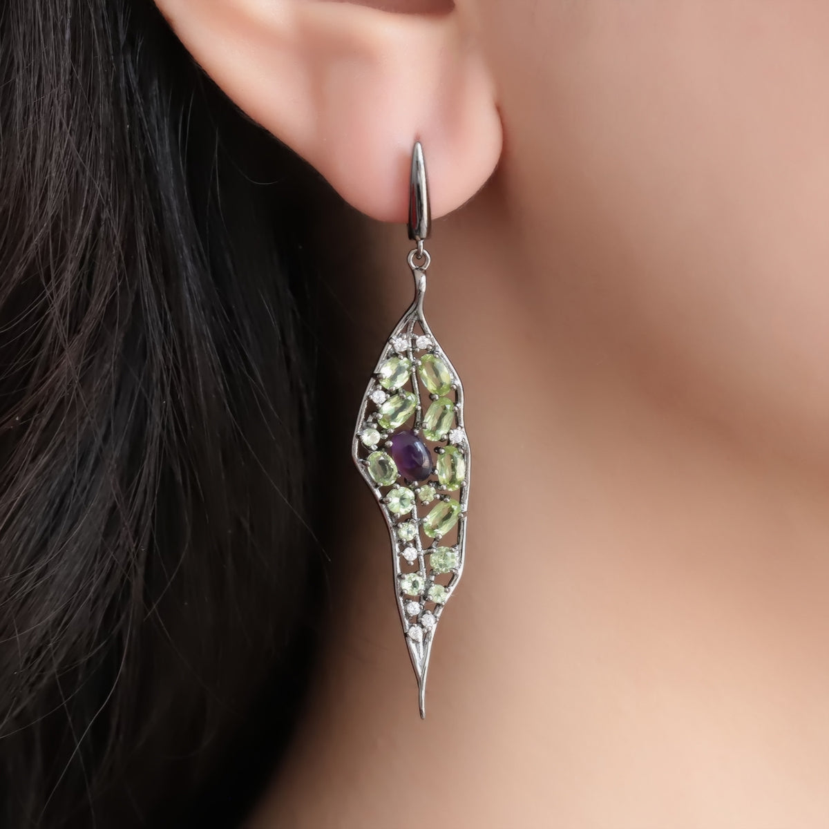 Multicolor Natural Gemstones Leaf Earrings 925 Sterling Silver (side profile view)