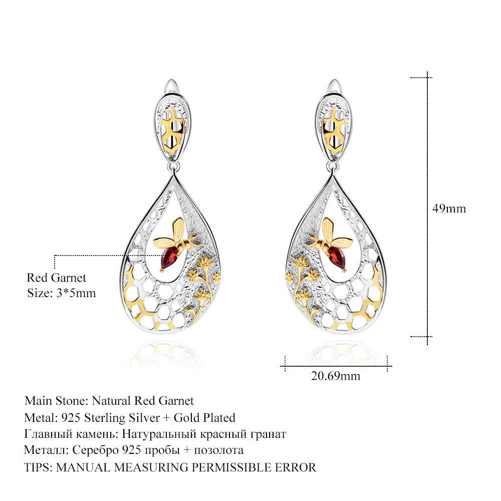 Garnet Bee & Honeycomb Earrings 925 Sterling Silver (wearing effect view)