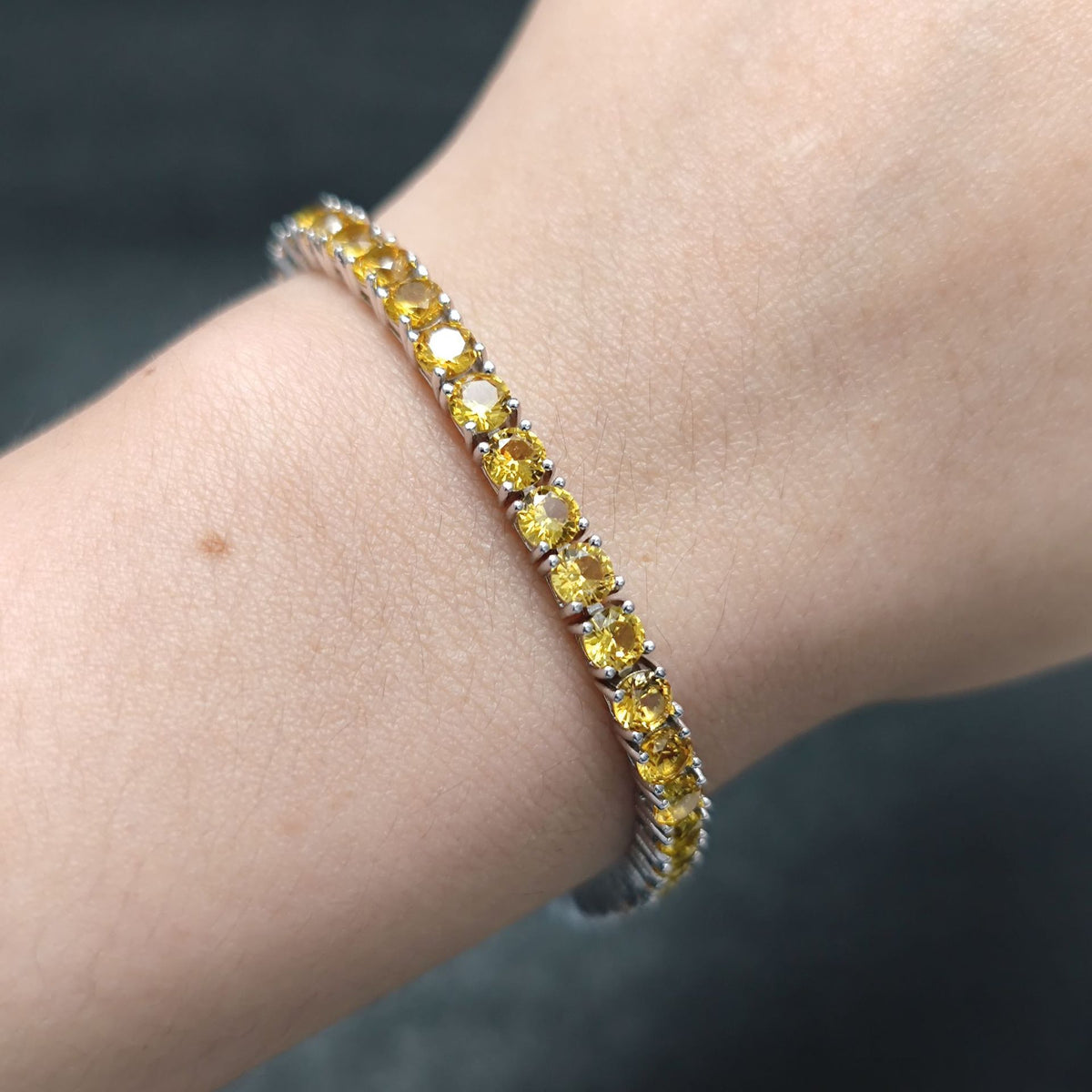 Lab-Grown Blue Sapphire 3/4/5mm Tennis Bracelet 925 Sterling Silver (wearing effect view)